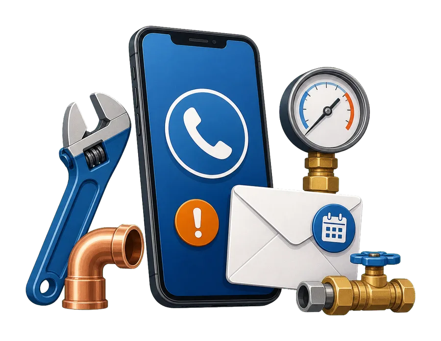 Telefon, zpráva, manometr, potrubní díly a nářadí pro technickou zakázku