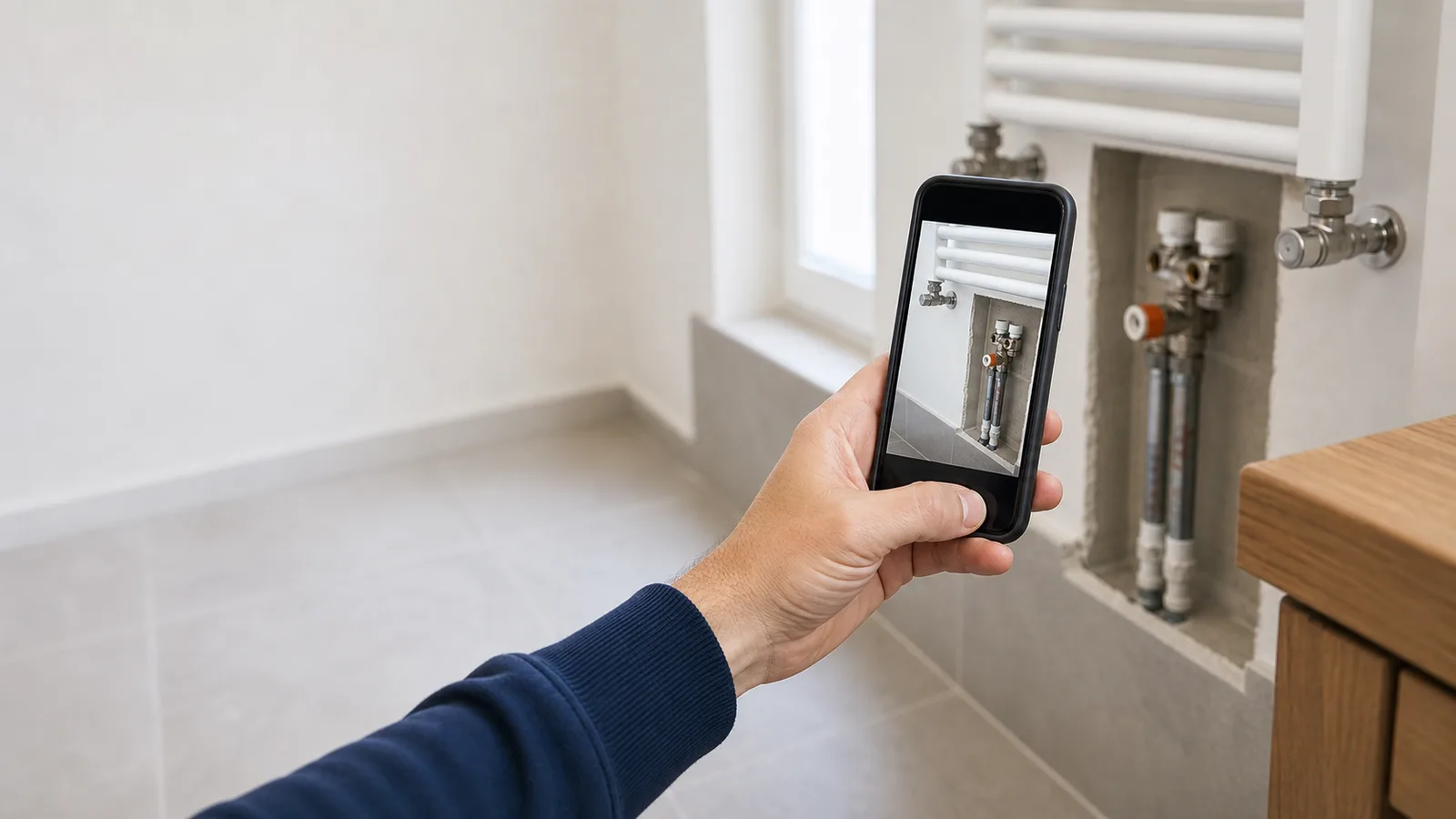 Plánek technické práce s fitinky, tužkou a instalatérským klíčem