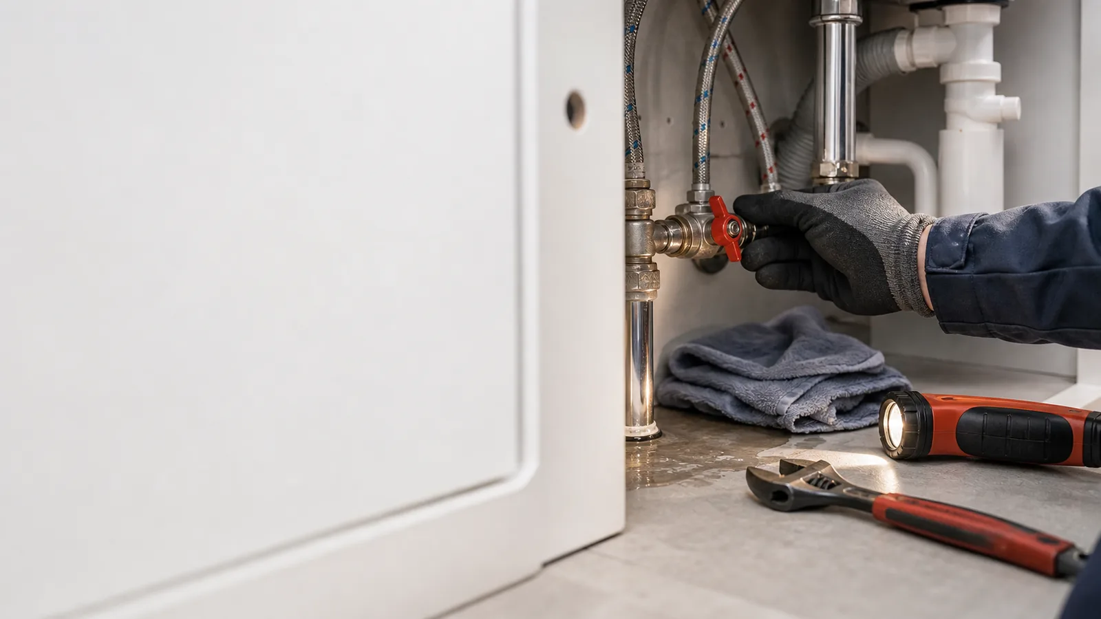 Ventil a rozvod vody s nářadím pro rychlou instalatérskou opravu