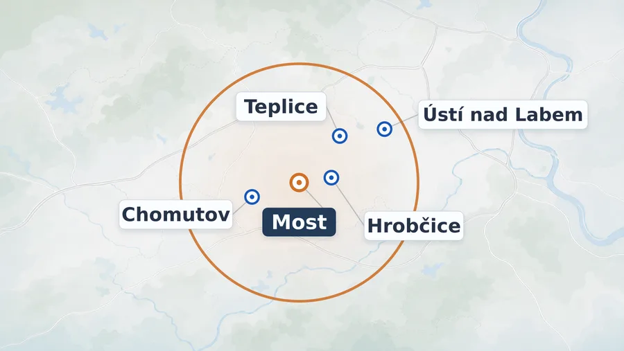 Mapa působnosti v okolí Mostu, Teplic, Ústí nad Labem a Chomutova