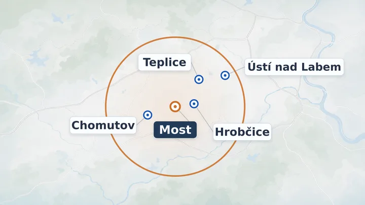 Mapa působnosti v okolí Mostu, Teplic, Hrobčic, Ústí nad Labem a Chomutova: Most, Teplice, Hrobčice, Ústí nad Labem, Chomutov a okolí